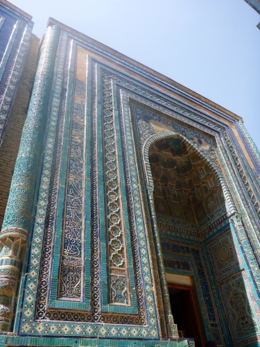 One of the most beautiful mausoleums at Shahi-Zinda necropolis, Samarkand, Uzbekistan, built in honour of Temur's sister Turkon and her daughter Shodi Mulk, Shahi-Zinda, Samarkand, Uzbekistan